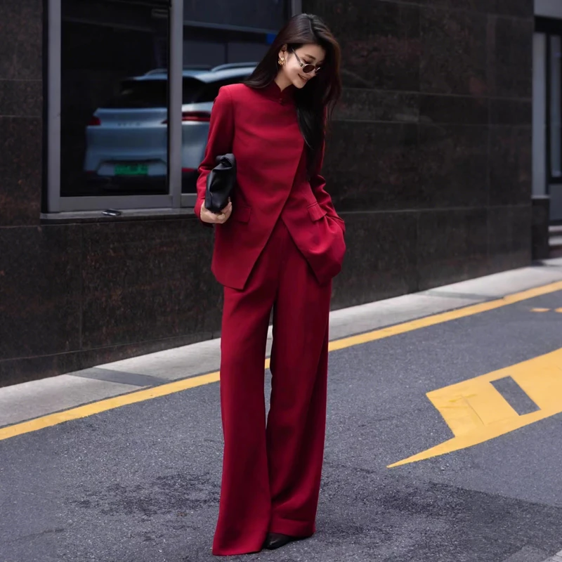 2025年秋季新款中式国风西服套装红色立领盘扣西服长裤两件套