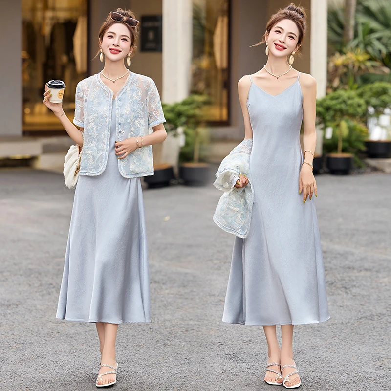 新中式重工刺绣连衣裙女2025夏季新款气质收腰显瘦时尚洋气两件套