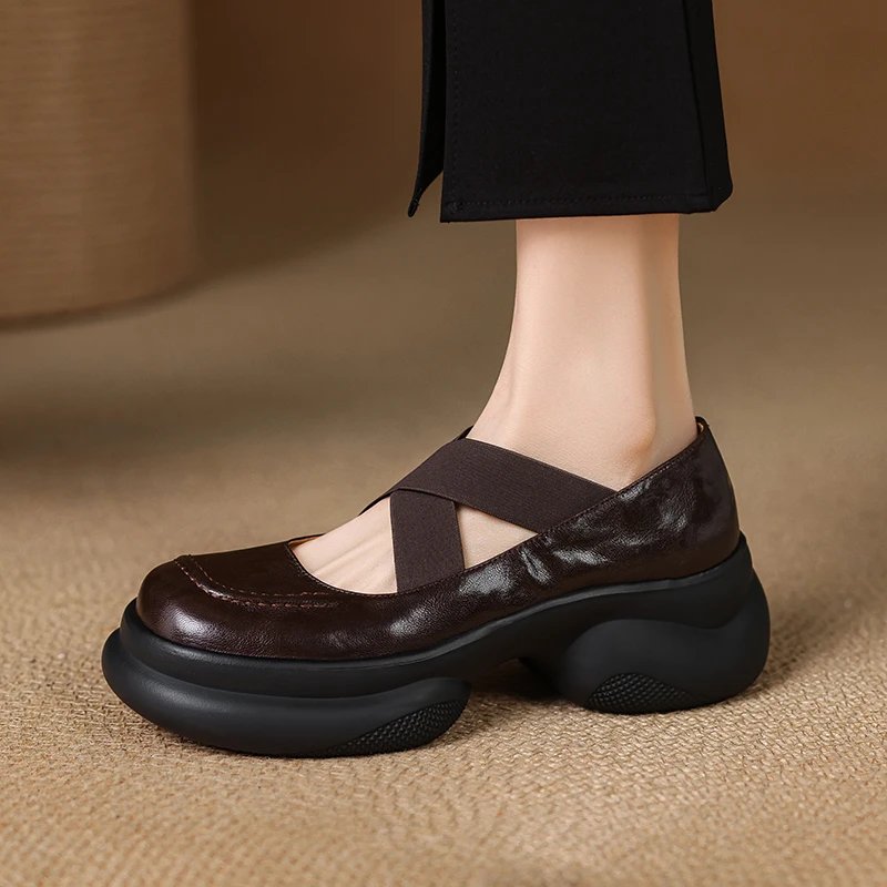 6cm圆头浅口单鞋舒适厚底粗跟高跟交叉松紧带女士皮鞋复古乐福鞋