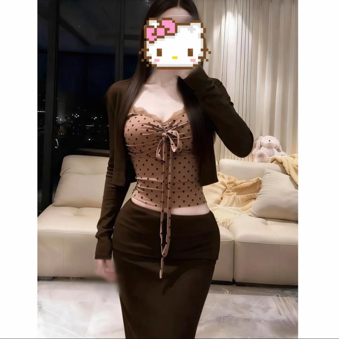 【波点雅棕】显瘦遮肉修身收腰蝴蝶结吊带开衫半裙套装女秋