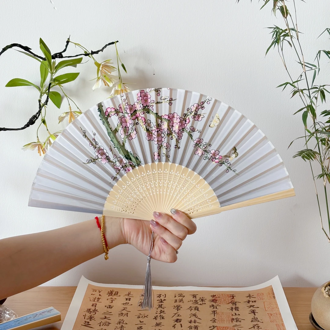 【春桃】古风折扇新中式布艺木扇中国风折叠便携带扇子