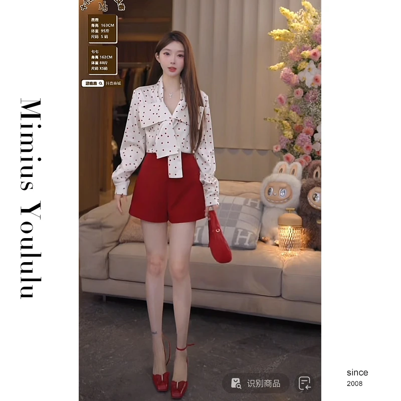 【mimius】&喵喵 法式红色波点蝴蝶结衬衫上衣+裙裤 G03187