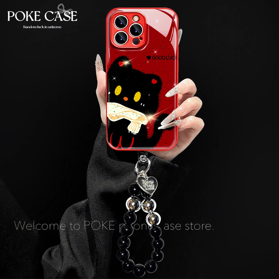 大红色金属漆可爱小猫适用苹果17PRO华为vivo小米oppo手链水凝壳