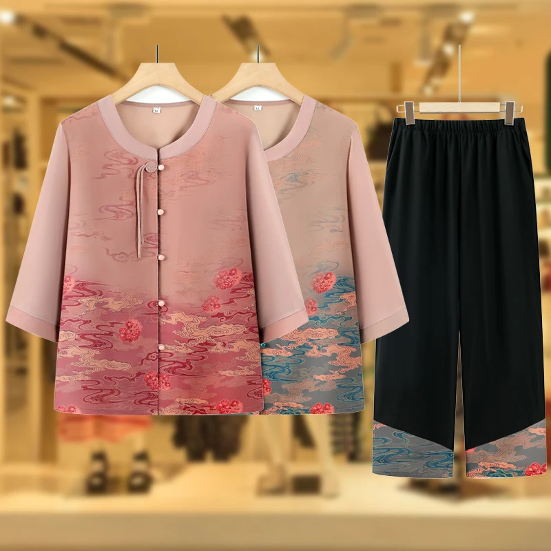 60岁70奶奶夏套装圆领衣服中老年人妈妈装洋气老人老太太夏装新款