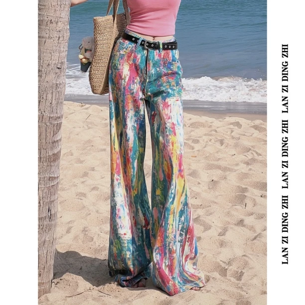 「复古油画」复古显瘦百搭泼墨彩色油画彩绘潮流百搭阔腿牛仔裤