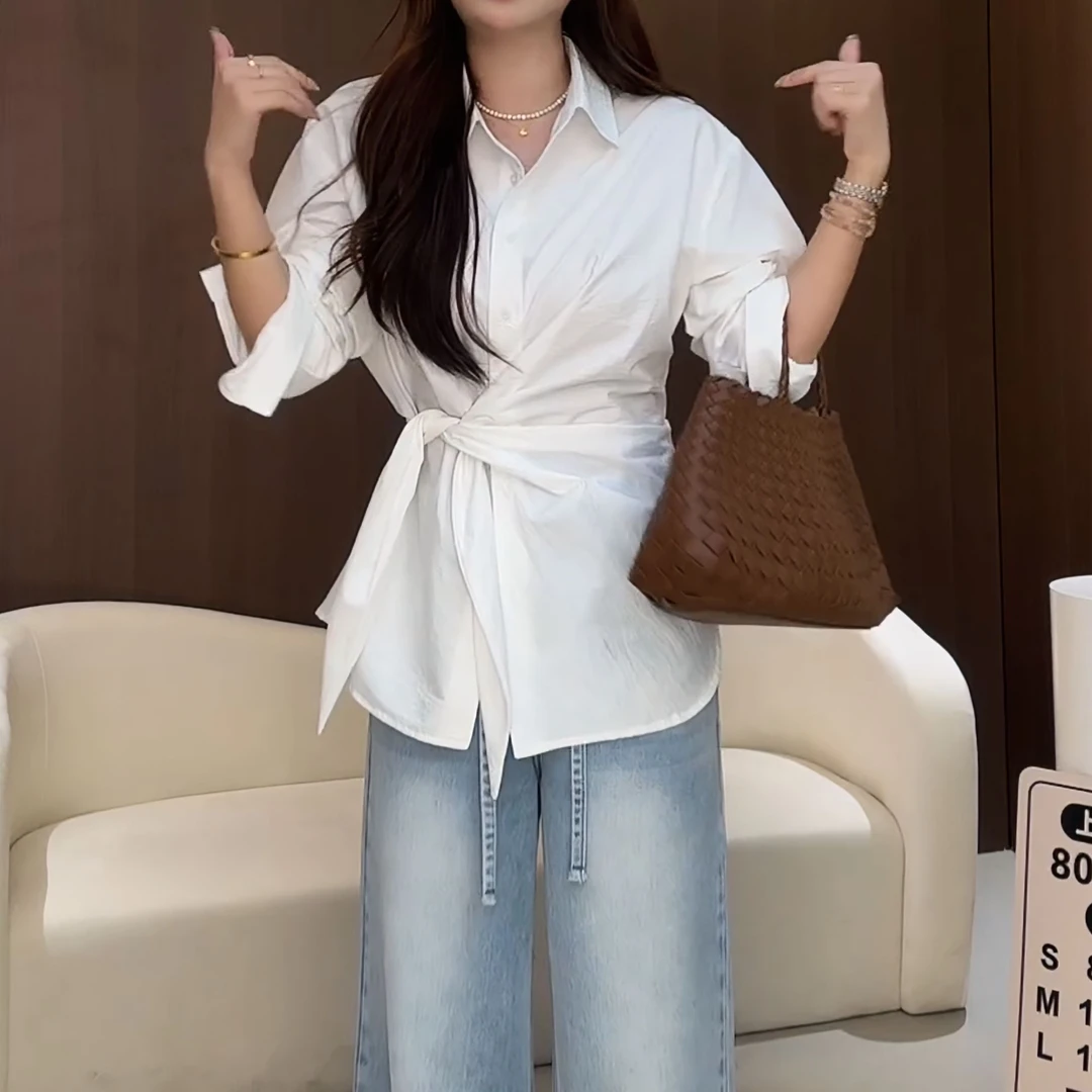 【月光白巧】韩系高级感休闲白色衬衫女侧绑带收腰上衣LK2501607