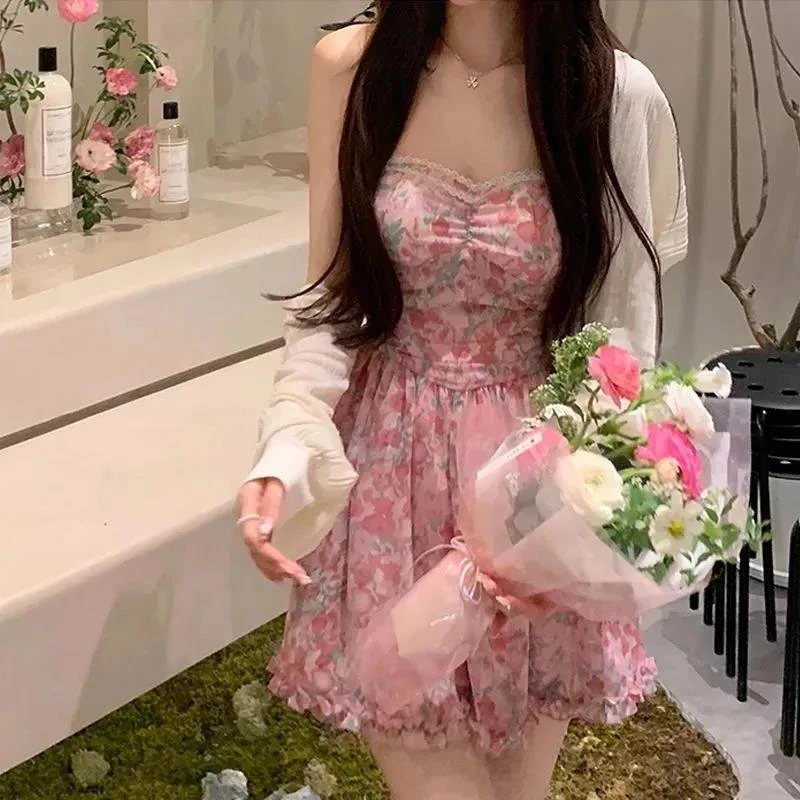 绝美吊带套装女时尚两件套连衣裙女夏款高级感仙女裙高腰碎花裙子