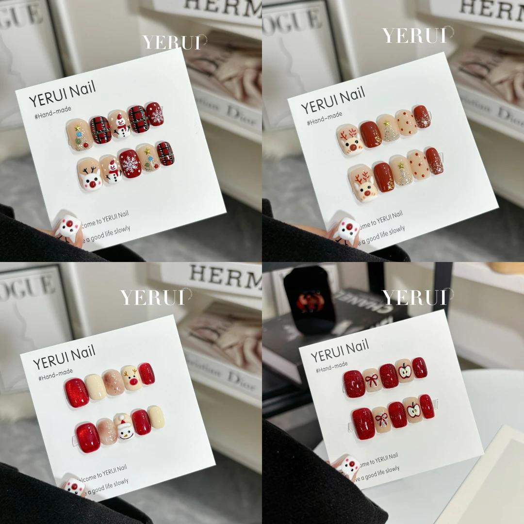 YR【圣诞】光疗美甲手工短款穿戴甲手绘简约气质高级感猫眼冰透美甲