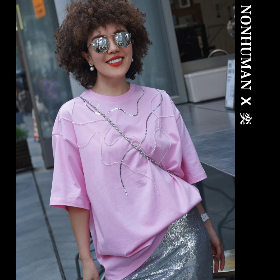 【NONHUMAN X 奕】 蚂蚁家 2025春夏新款 重工钉珠亮片 宽松短袖T恤