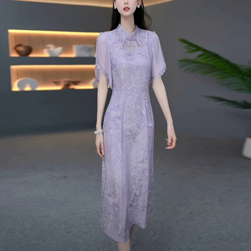 气质中国风提花短袖连衣裙女士夏季2025新款时尚洋气收腰显瘦裙子
