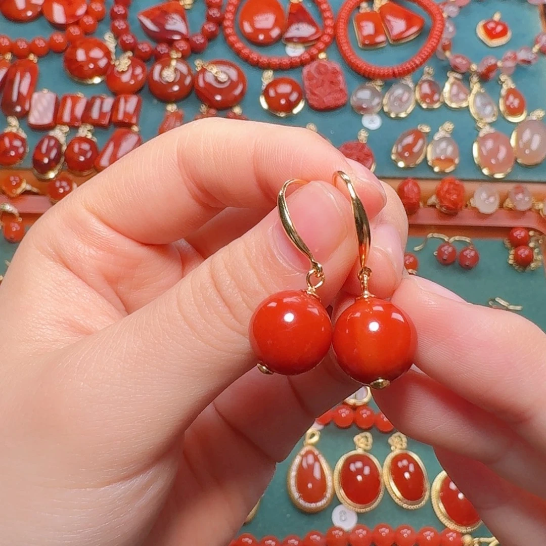 南红玛瑙银S925镶嵌耳环