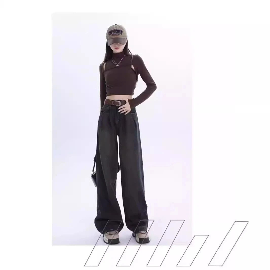 高腰水泥灰加绒阔腿牛仔裤女秋冬潮流百搭新款高腰宽松直筒垂感拖