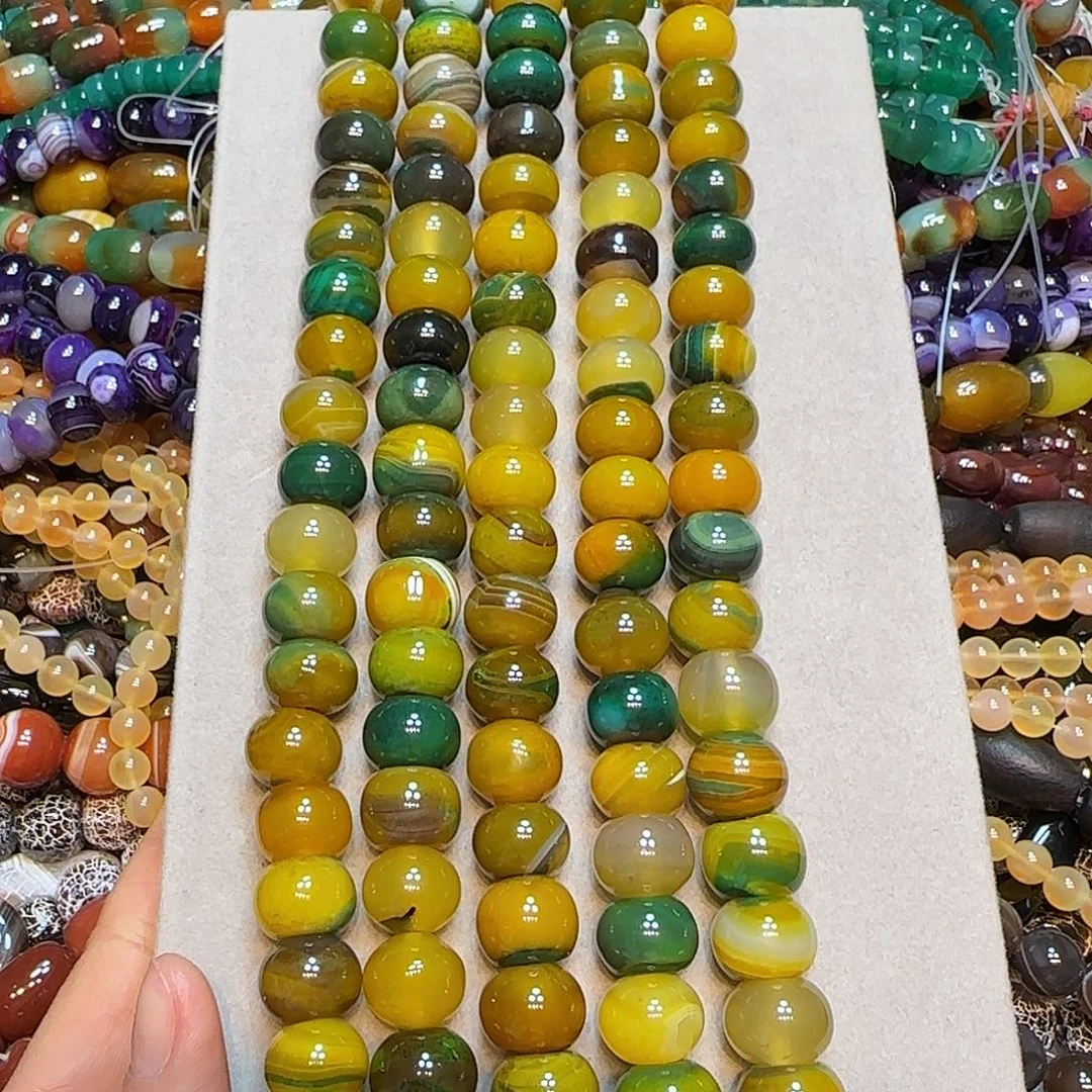 玛瑙/玉髓合金珠宝半成品黄绿算盘大孔一条16mm