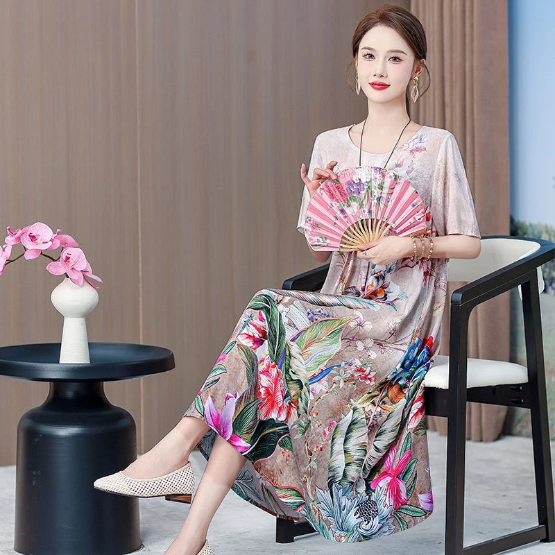 棉绸连衣裙女夏大码240斤人造棉中长款家居服无袖薄宽松睡裙睡衣