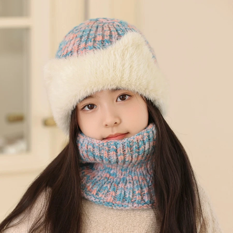 儿童帽子围脖一体秋冬季毛绒防风针织帽女孩护耳毛线帽宝宝两件套