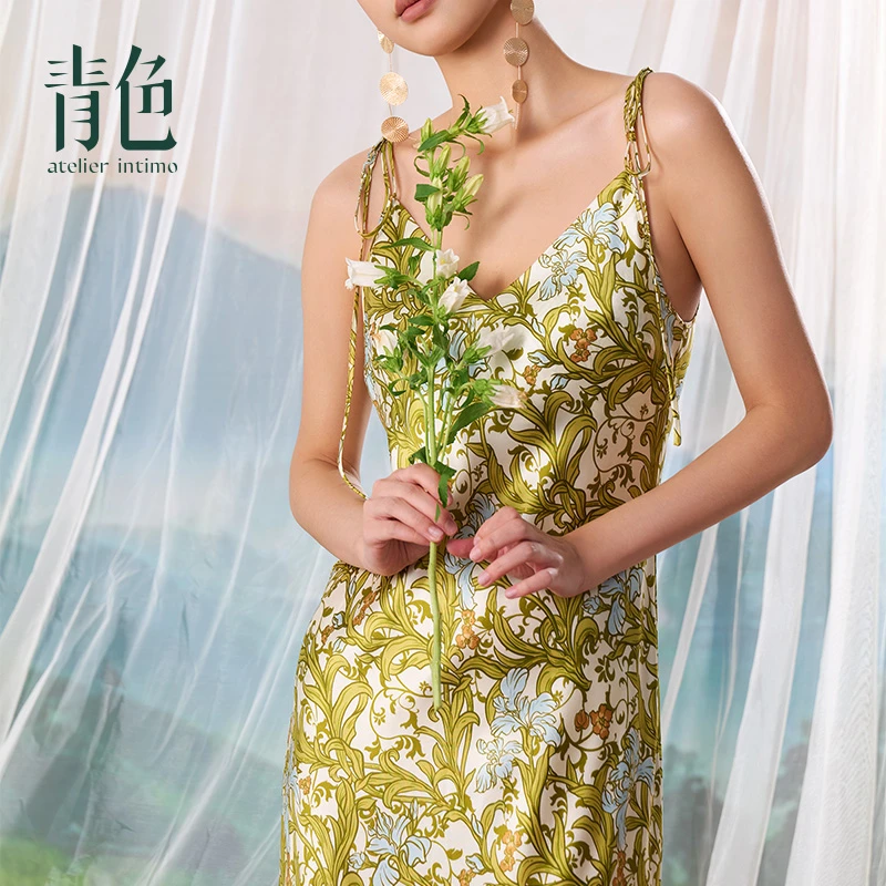 atelier intimo/青色【锦夏印花吊带裙】真丝印花睡裙女装吊带裙