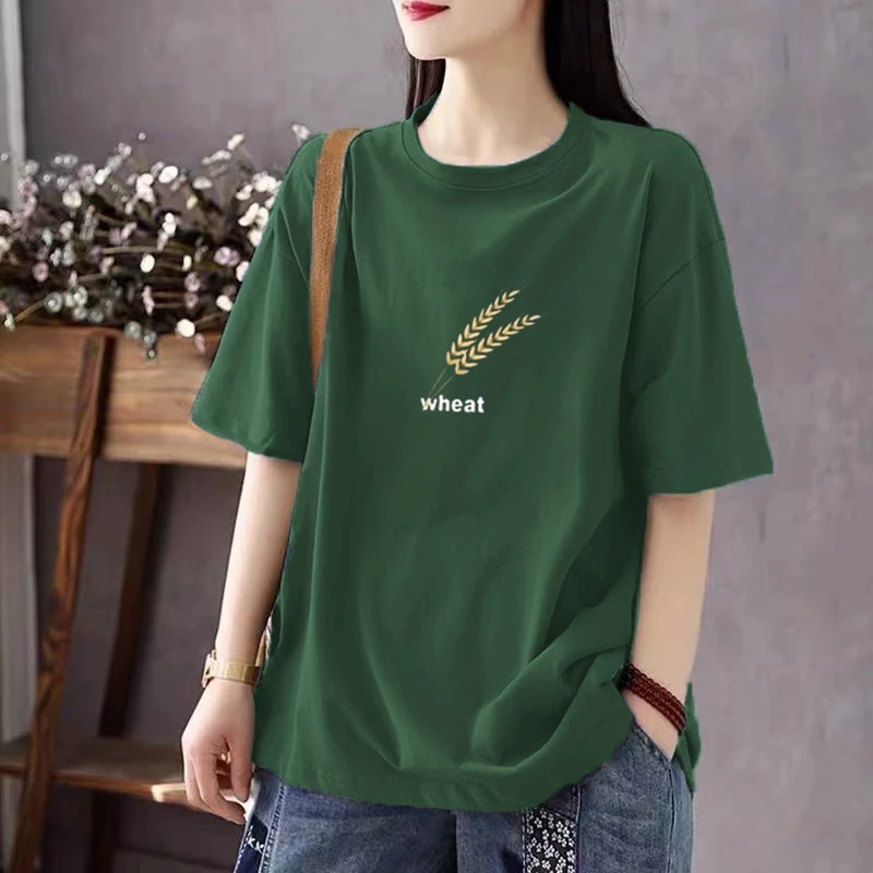 时尚纯棉短袖T恤女夏季新款印花半袖宽松大码显瘦百搭圆领上衣潮