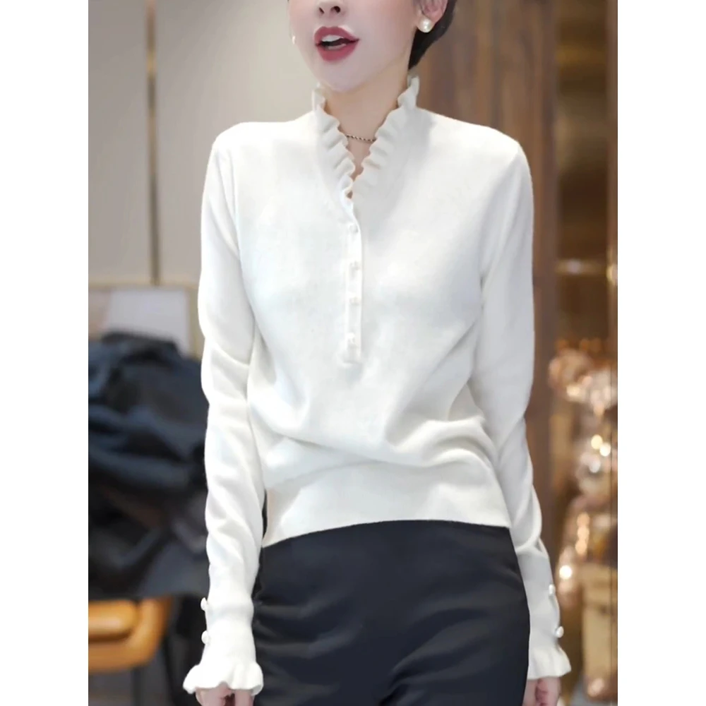 立领木耳边针织衫女士秋冬时尚高级感修身显瘦减龄内搭打底衫上衣