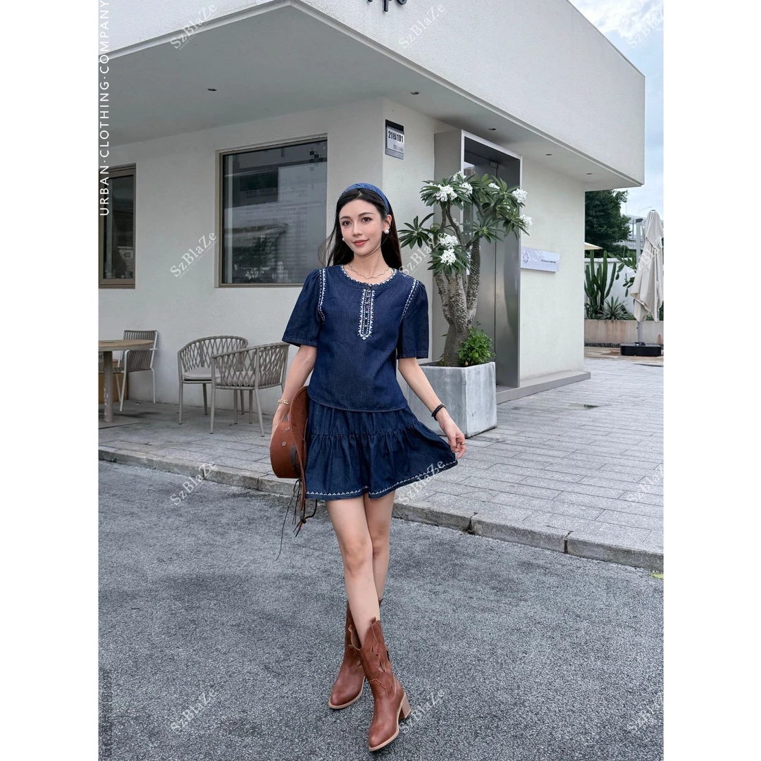 PERIKAS0290夏季新款原创百褶短裙牛仔显瘦休闲时尚高腰遮肉套装