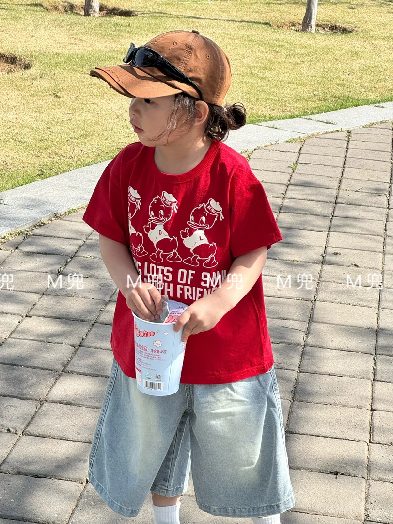 2025夏季新款款三只鸭子男女童可爱纯棉宽松短袖上衣宝宝圆领半袖