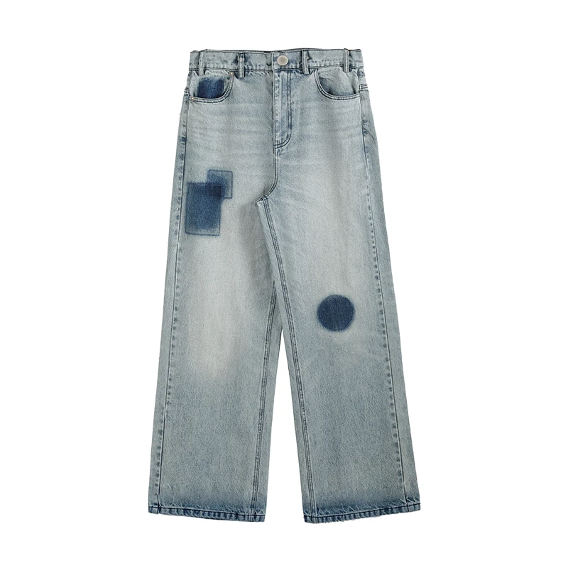 Slight Vogue“色卡”天空色补丁长绒棉贴布拆线浅冰蓝直筒牛仔裤