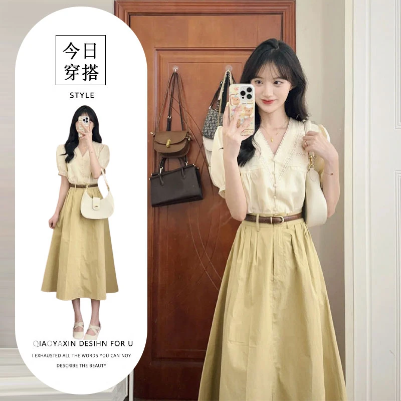 夏装通勤搭配一整套女2025夏季新款盐系轻熟短袖衬衫半身裙两件套