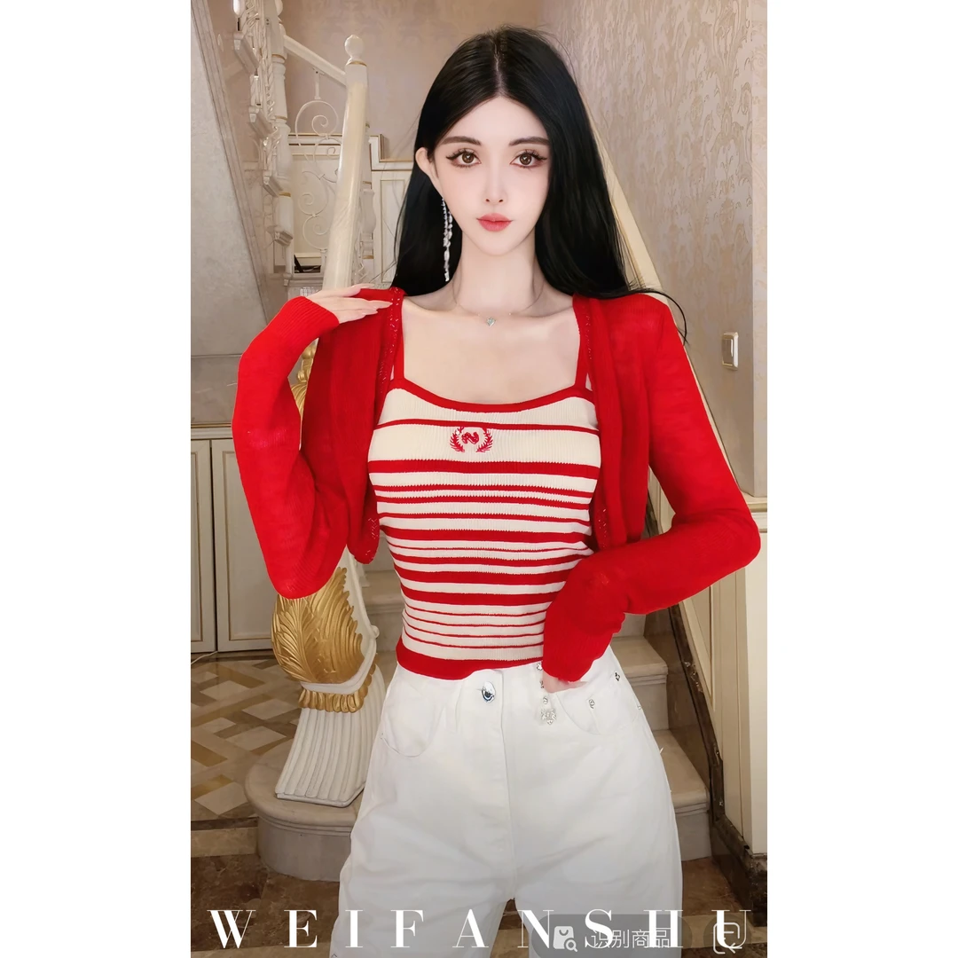 WEIFANSHU/魏凡舒【活力保鲜】春夏新款元气红色条纹减龄两件套上衣