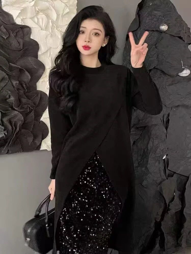 胖mm正肩交叉开衩中高领长袖上衣亮片裙显瘦套装