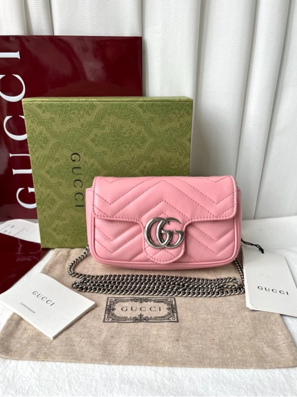 99新 GUCCI/古驰 蜜桃粉mini马蒙单肩斜挎包链条包