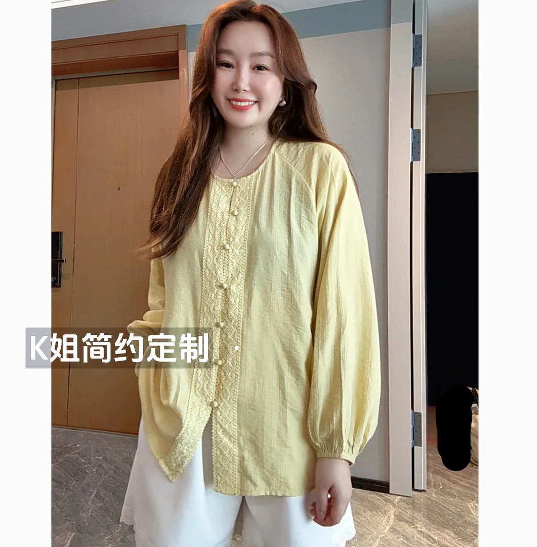 GTNER"KK定制"复古蕾丝拼接圆领衬衫夏季薄款时尚气质上衣D1912