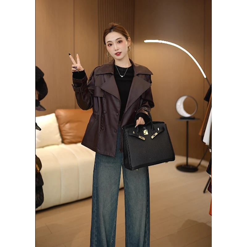 海宁真皮皮衣女 春秋时尚女士皮夹克收腰休闲翻领皮外套KFLD-509#