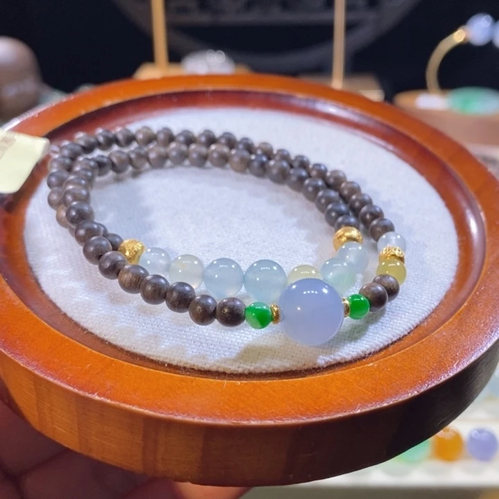 翡翠18K金镶嵌吊坠(不含链)翡翠冰双圈手串