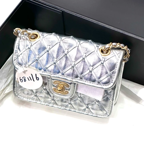 95新 Chanel/香奈儿 夏七中古/银色编织cf口盖单肩包/1681116