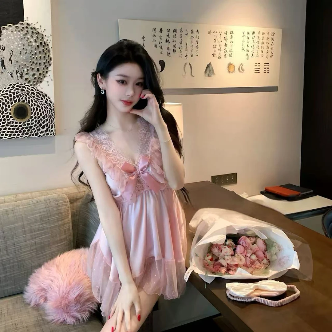 SC（纯情尤物）性感丝波点网纱睡衣夏季甜美蝴蝶结吊带睡裙家居服