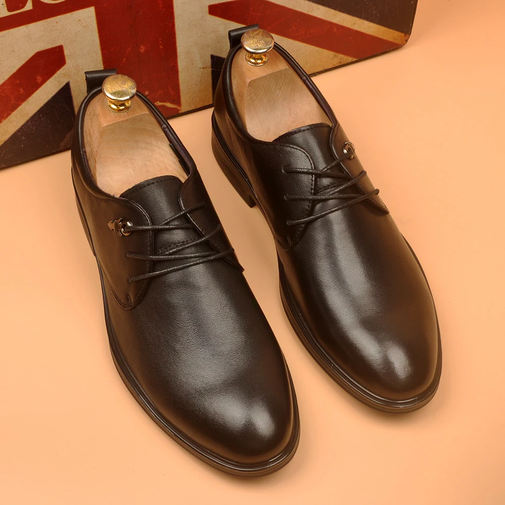 英伦风尖头小皮鞋男百搭商务正装黑色皮鞋真皮系带结婚休闲皮鞋子