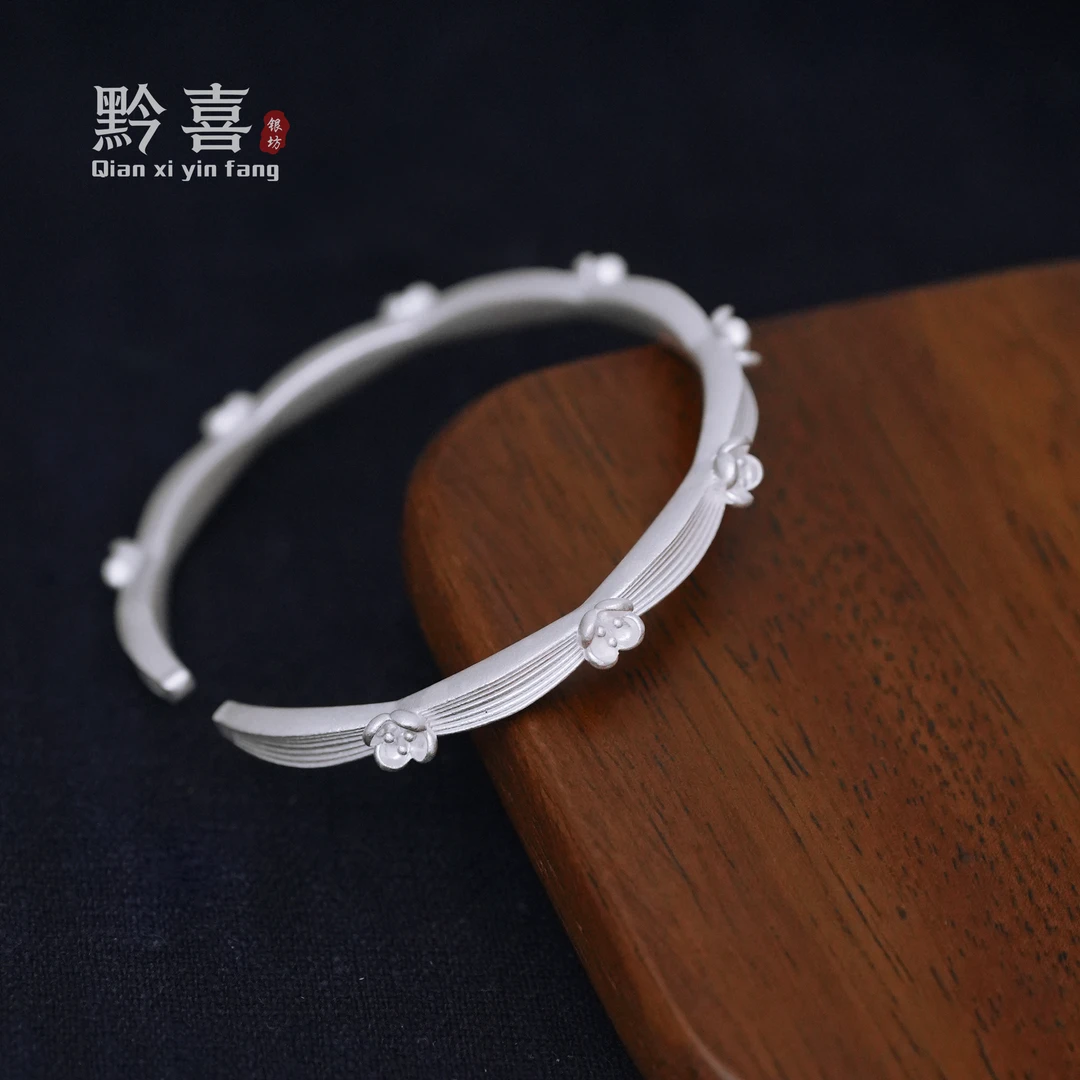 足银手镯 【拉丝桂花手镯】黔喜银坊开口可调节气质精美仙气女款