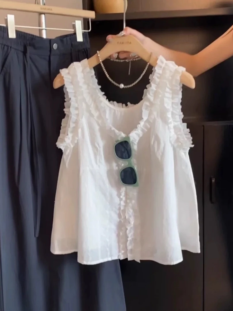 棉法式白色木耳边v领吊带背心女夏2025新款高级感宽松显瘦上衣