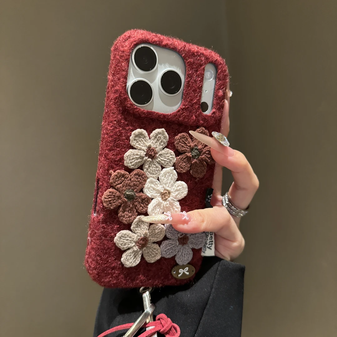 秋冬毛绒针织花朵适用苹果17promax手机壳iPhone16轻奢15复古14女