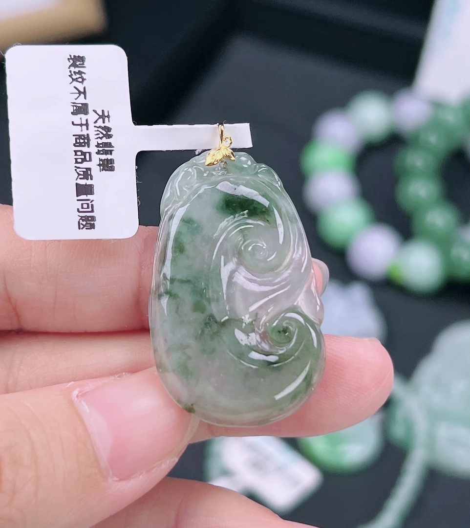 正品缅甸天然翡翠18k金镶嵌冰飘花吊坠38/22/63.6冰透精美