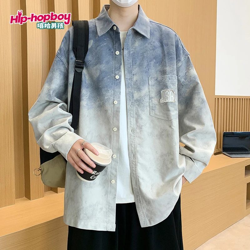 渐变色长袖衬衫男款春秋季宽松翻领港风上衣男士痞帅休闲衬衣外套