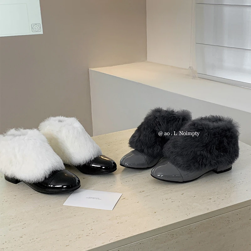 2.5cm牛漆皮圆头方跟女秋冬加绒保暖后拉链时尚真皮真毛法式裸靴