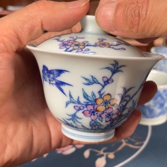 杯斗彩花鸟盖碗手工手绘茶具