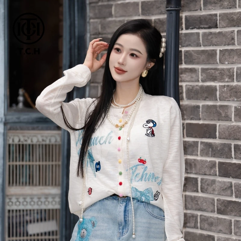 TCH烫钻工艺新款时尚休闲百搭针织开衫女T75A43E5063轻奢tch