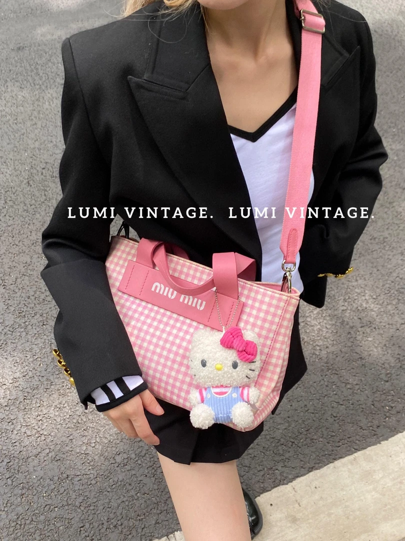 95新 MIU MIU/缪缪 粉色格纹沙滩包 86516766