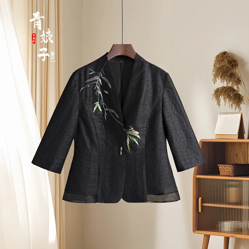 青娘子香云纱（沐雅）龟裂纹刺绣拼接新中式国风百搭气质上衣60298