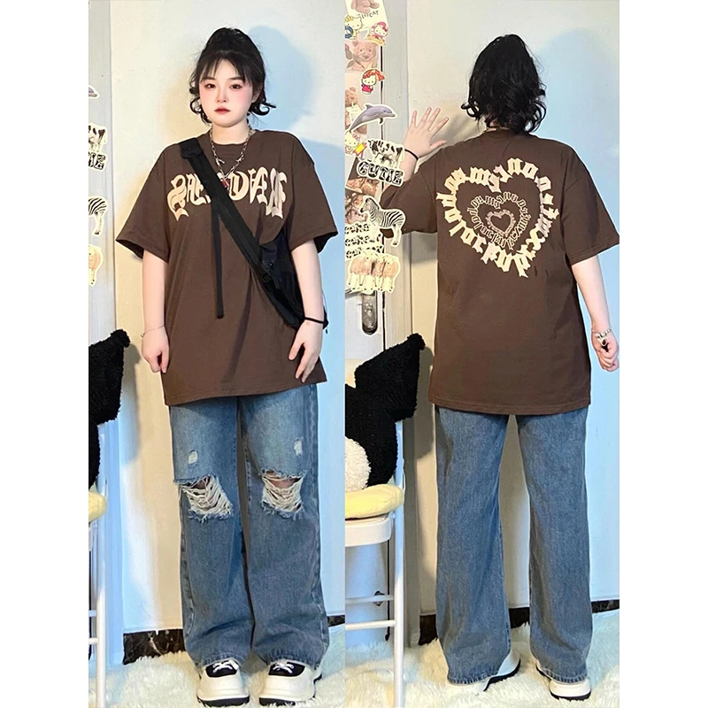 300斤大码胖mm美式复古破洞牛仔裤女夏季学生裤子宽松显瘦阔腿裤