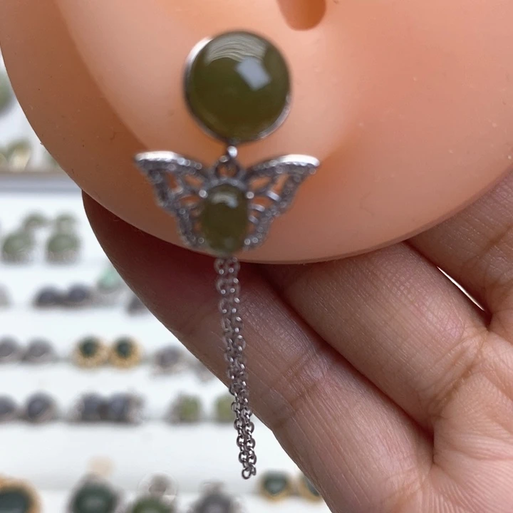 和田玉银S925镶嵌耳饰