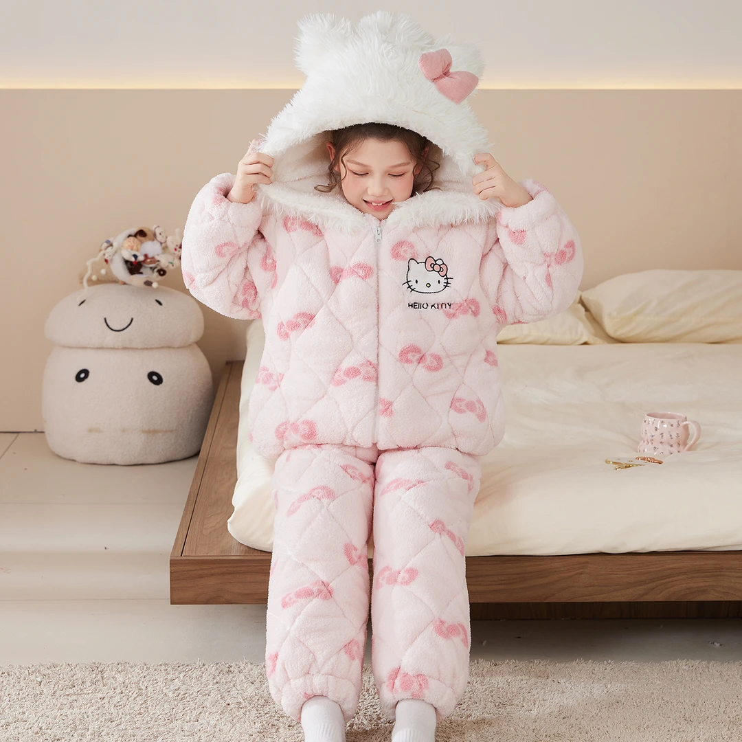 法兰绒女童冬季三层夹棉儿童睡衣加绒加厚公主女孩连帽家居服套装