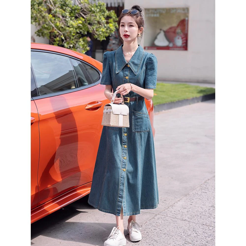 欧货复古翻领仔连衣裙女2025夏季新款时尚收腰修身显瘦气质长裙