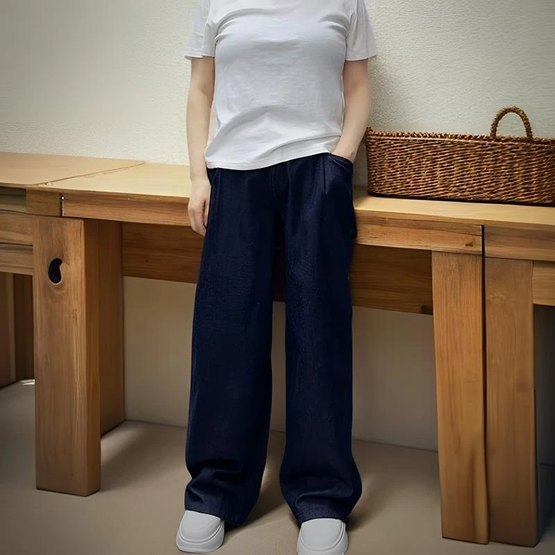 胖姐严选春夏款普洗蓝休闲阔腿裤牛仔裤